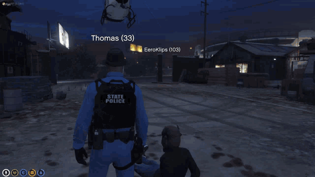 a screenshot of a video game shows a man in a state police vest