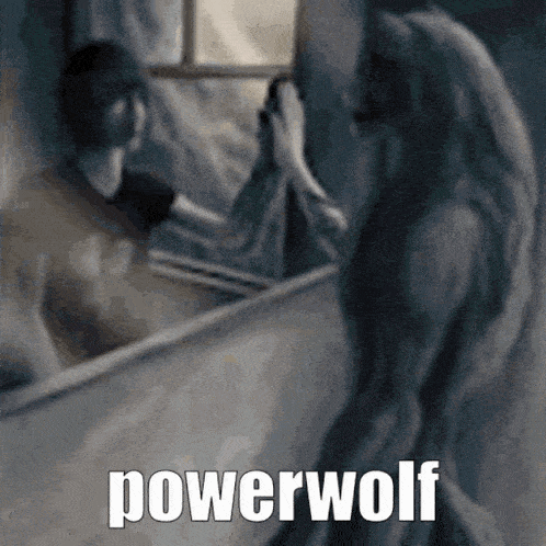 a picture of a woman looking at herself in a mirror with the word powerwolf on the bottom