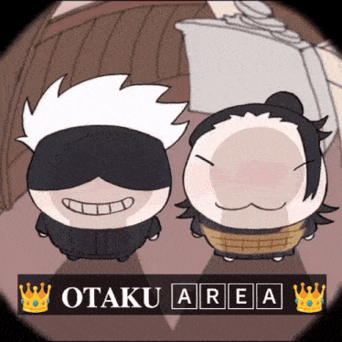 a couple of cartoon characters standing next to each other with the words otaku area above them