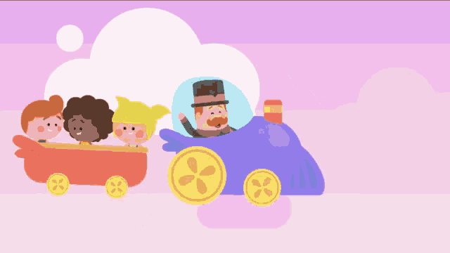 a cartoon illustration of a man in a top hat driving a car