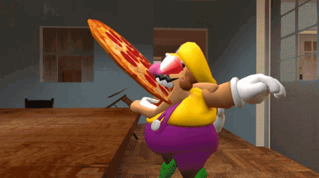 a cartoon character holding a large pizza in his hands