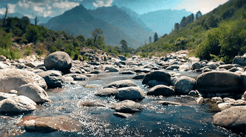 a river flows through a rocky valley with mountains in the background