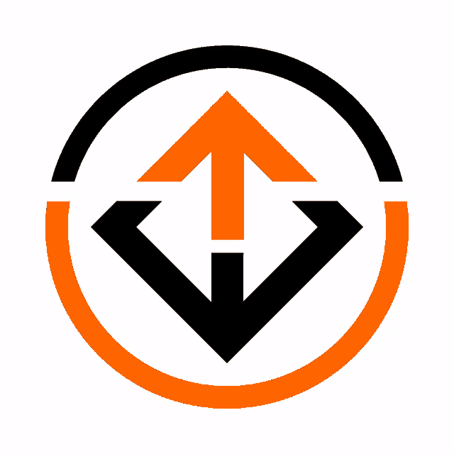an orange and black logo with an arrow pointing upwards