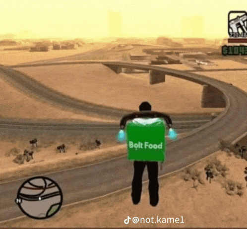 a man in a video game is carrying a bolt food bag on his back