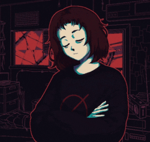 a pixel art drawing of a girl with her eyes closed wearing a black shirt with an x on it