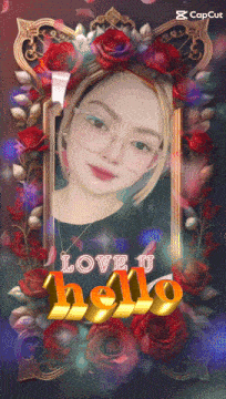 a picture of a woman surrounded by red roses with the words love u hello