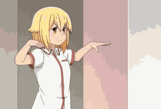 a girl with blonde hair is standing in front of a pink wall with her arm outstretched