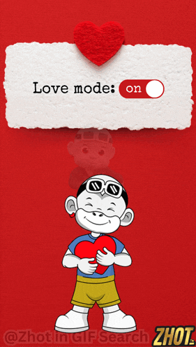 a cartoon boy holding a heart next to a sign that says love mode