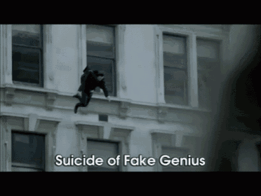 a man is hanging from the side of a building with the words suicide of fake genius above him