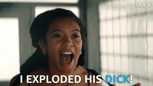 a girl with her mouth open and the words i exploded his dick behind her