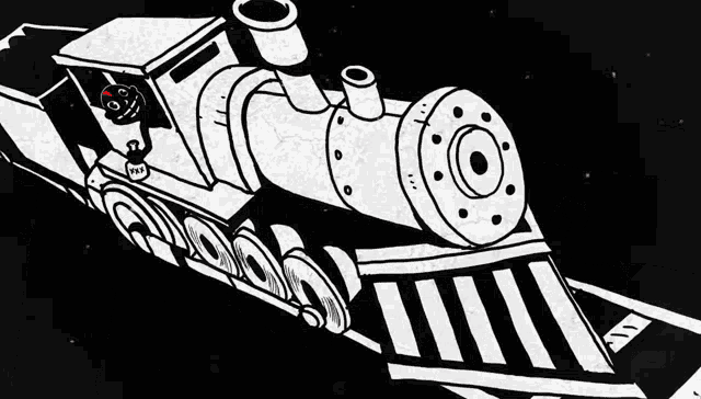 a black and white drawing of a train with a smiley face on it