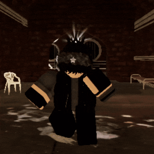 a cartoon character with a crown on his head is standing in a dark room