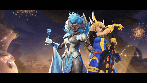 a couple of women standing next to each other in a video game