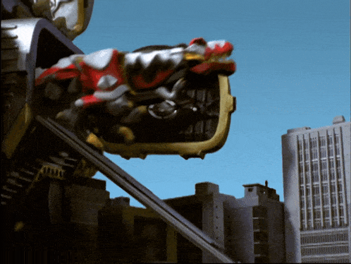 a large robot is flying over a city with buildings in the background