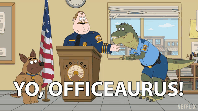 a cartoon of a police officer shaking hands with a lizard