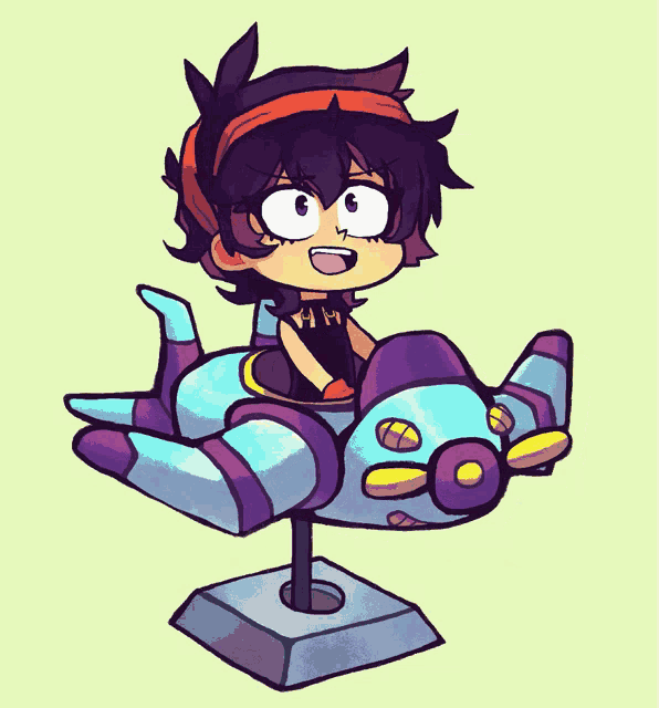 a cartoon of a girl riding a toy airplane with the letter a on her shirt