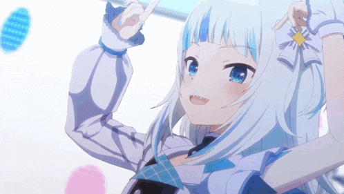 a girl with white hair and blue eyes is holding a stick in her hand