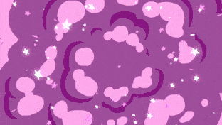 a person 's feet are surrounded by purple bubbles and a pink background