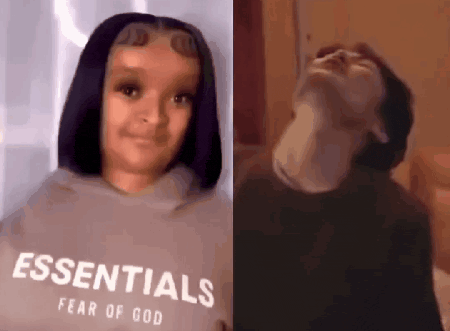 a girl is wearing a hoodie that says essentials fear of god and a man is laying down with his head down .