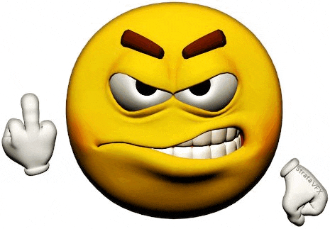 an angry smiley face with a middle finger and gloves on .