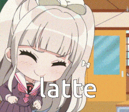 a girl in a school uniform is smiling with the word latte written in white
