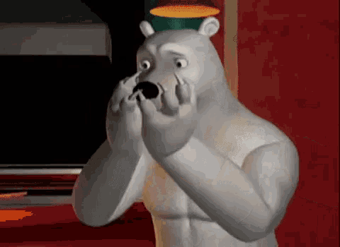 a cartoon polar bear is standing in front of a red wall and eating something .