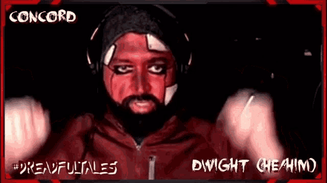 a man with red paint on his face and the name concord on the bottom right