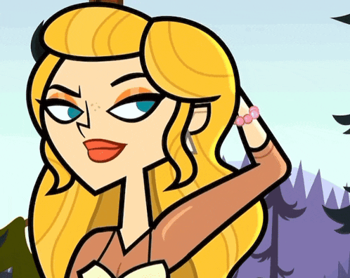 a cartoon drawing of a woman with blonde hair and blue eyes
