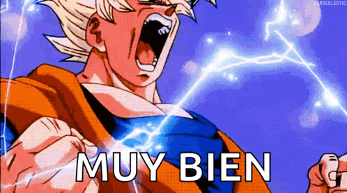 a cartoon of a man screaming with the word muy bien written on the bottom