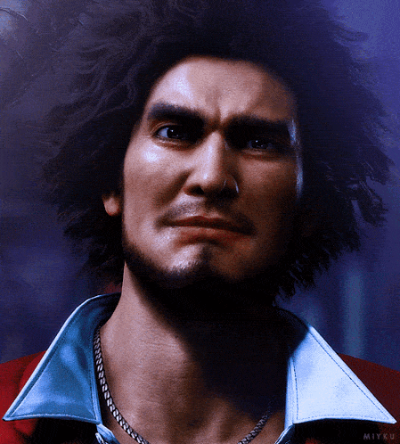 a close up of a man 's face with the name miyku on the bottom left