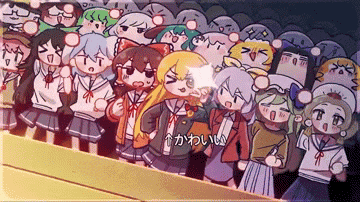 a group of anime characters are standing in front of a crowd with chinese writing on the bottom