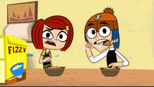 two cartoon characters eating cereal with a box of fizzy in the background