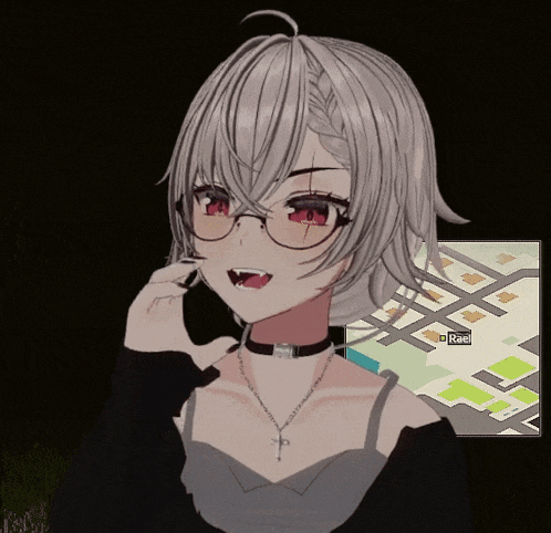 a girl wearing glasses and a choker is standing in front of a map that says " race "