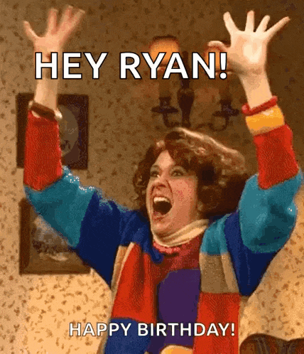 a woman in a colorful sweater is raising her arms in the air with the words `` hey ryan ! happy birthday ! ''