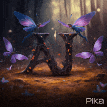 a painting of the letter a with purple butterflies