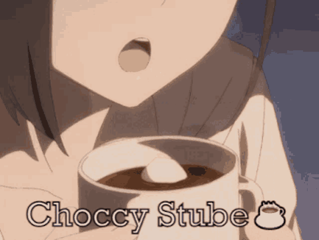 a girl is holding a cup of hot chocolate with the words choccy stube written on it