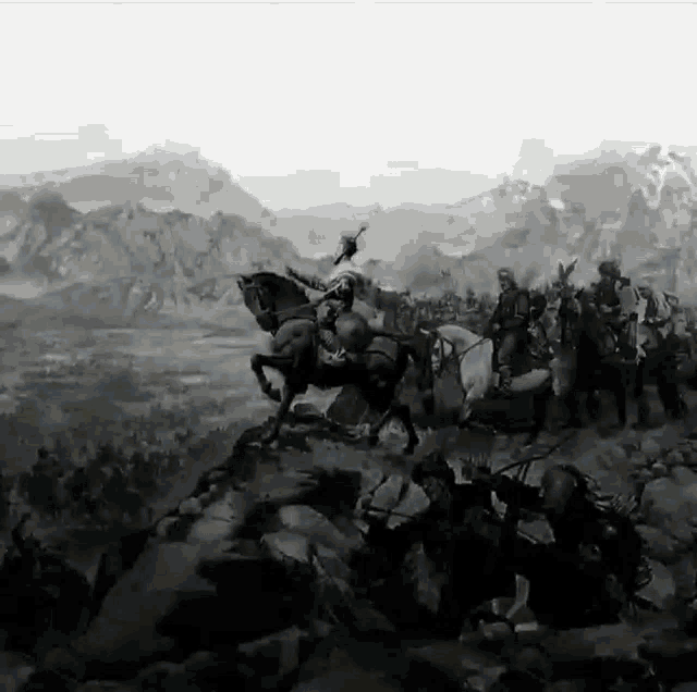 a black and white painting of a man riding a horse in the mountains
