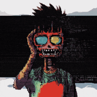 a pixel art of a skeleton with 3d glasses on
