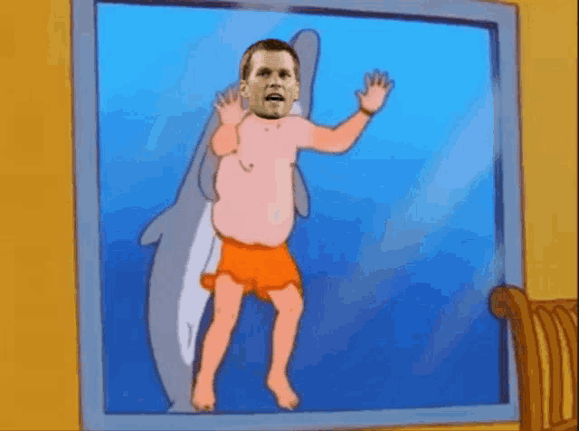 a cartoon of a shirtless man standing in front of a dolphin