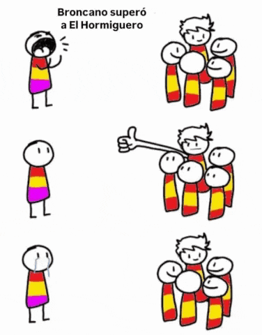 a group of stick figures are standing next to each other with the words broncano supero a el hormiguero written above them .