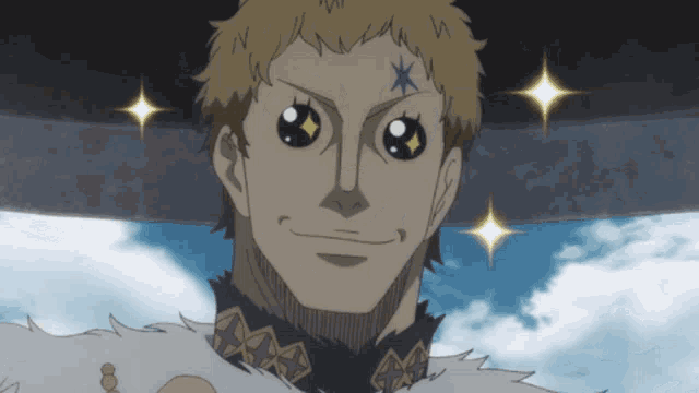 a man with a star on his forehead is smiling and looking at the camera