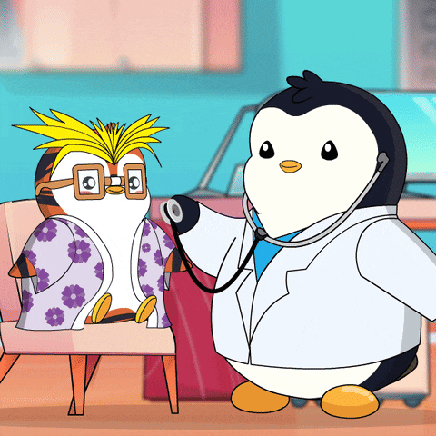 a cartoon of a penguin being examined by a doctor with a stethoscope