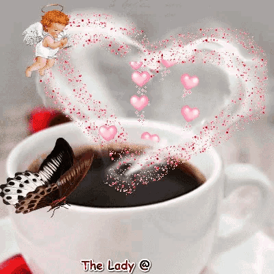 a cup of coffee with hearts coming out of it and the lady @