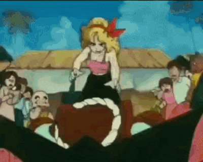 a cartoon girl is riding on the back of a bull in front of a crowd .