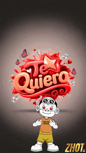 a cartoon character stands in front of a sign that says " te quiero "