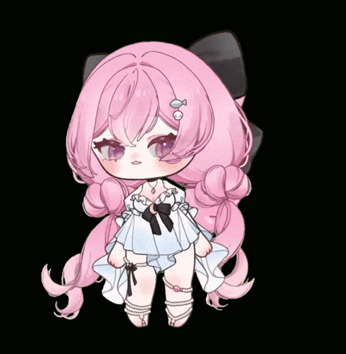 a little girl with pink hair is wearing a white dress with a black bow