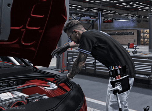 a man looking under the hood of a car with the words " mod pod leasted " on the bottom