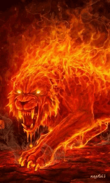 a painting of a lion surrounded by flames with its mouth open .
