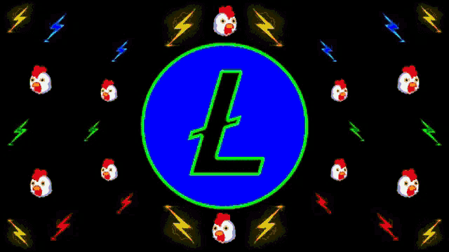 the letter l is surrounded by chickens and lightning