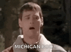 a man from dumb and dumber is making a funny face and saying `` michigan boo '' .
